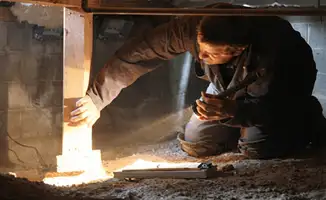 A professional inspecting wooden beams under the floor of a structure in Colorado Springs, CO